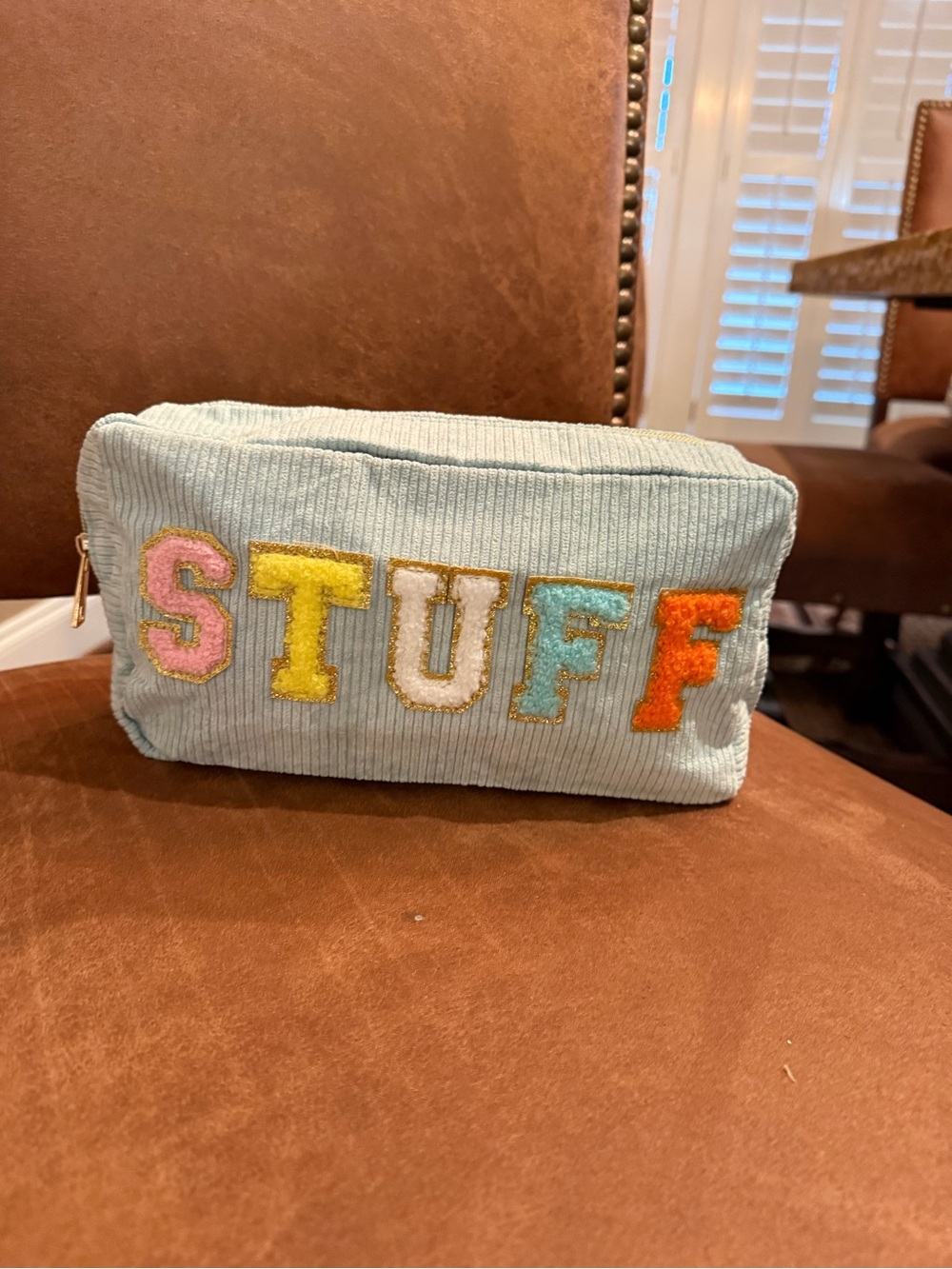 Light Blue 'STUFF' Corduroy Cosmetic Pouch